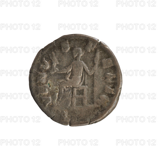 Denarius, 180–183 CE. Obverse: Bust of Empress Crispina (draped, hair in a bun) right; pearl border; inscription 'CRISPINA AVGVSTA.' Reverse: Venus seated left on a throne, holding a statuette of Victoria in her right hand and a scepter in her left; pearl border; inscription 'VENV S F ELIX.' Roman Empire (27 BC–476). Mint: Rome. Weight 3.07 g; axis 180°. Subjects: Commodus (emperor), Crispina (empress), Venus; imperial iconography, scepter, Victoria.