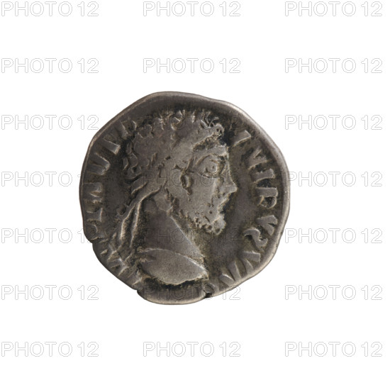 Denarius. Obverse: illegible inscription; emperor's bust facing right, wearing a laurel wreath. Reverse: illegible inscription; female figure standing, facing left, holding a cornucopia. Pearl border.