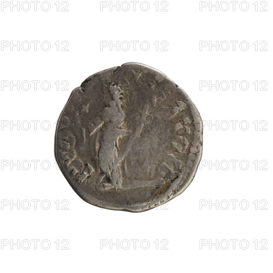 Denarius. Obverse: illegible inscription; emperor's head facing right, wearing a laurel wreath. Reverse: illegible inscription; female figure standing, facing left, holding a cornucopia. Pearl border. Coin.