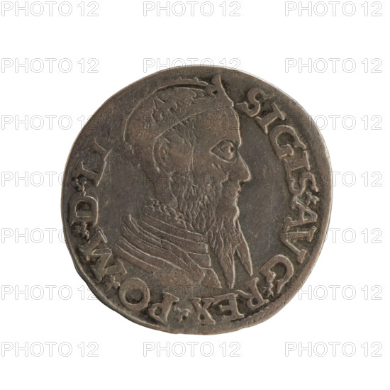 Lithuanian two-grosz coin of Sigismund II Augustus (King of Poland, 1544–1572). Obverse: crowned male bust in armour turned right, rim inscription SIGIS.AVG.REX.PO.MDLI. Reverse: under the ducal mitre, two coats of arms (Pogon and Columns of Giedymin), value 'II' below, rim inscription MONE.MAGNI.DVCA.LITV. 1565. Minted 1565, Vilnius, Grand Duchy of Lithuania; axis 45 degrees.