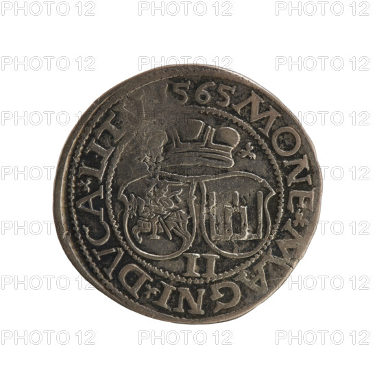 Lithuanian two-grosz, Sigismund II Augustus (King of Poland; 1544–1572), Jagiellonians dynasty; obverse: crowned male bust in armour turned right, rim inscription 'SIGIS.AVG.REX.PO.MDLI'; reverse: under the ducal mitre two coats of arms (Pogon and Columns of Giedymin), below the value number 'II', rim inscription 'MONE.MAGNI.DVCA.LITV.1565'; 1565; Poland, Vilnius, Grand Duchy of Lithuania; coin; axis 45 degrees.