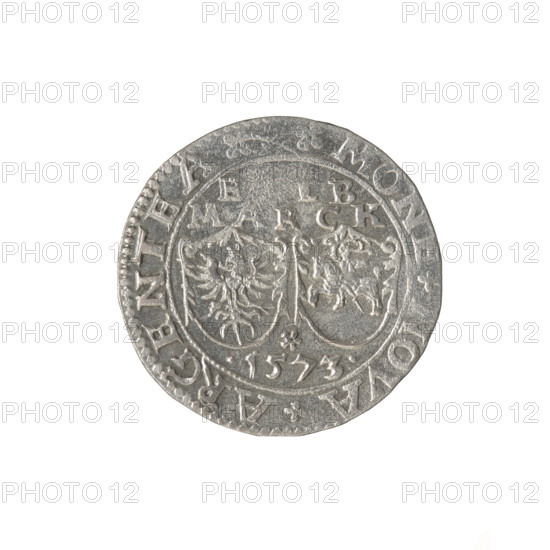 Livonian half-mark (half-fine), Sigismund II Augustus (king of Poland; 1544–1572), (interregnum), Chodkiewicz, Jan Hieronimowicz (ca. 1537–1579), (administrator of Livonia), Iberfeld, Walentyn (fl. 1572–1573), publisher, Hincza, Jakub (fl. 1572–1573), publisher. Gryf z Smierz (coat of arms; Inflanty). Coat of arms, griffins, Jagiellonians (dynasty), Polish coin. Obverse: below the inscription: H, LB/MARCK, two heraldic shields with the Eagle and Pogon; below the year: .1573.; in the rim an inscription: .MONE.NOVA.ARGENTEA. Reverse: a griffin with a raised sword turned to the left separating the rim inscription: . - DVCATVS.LIVONIAE. 1573. Coin axis 45 degrees.