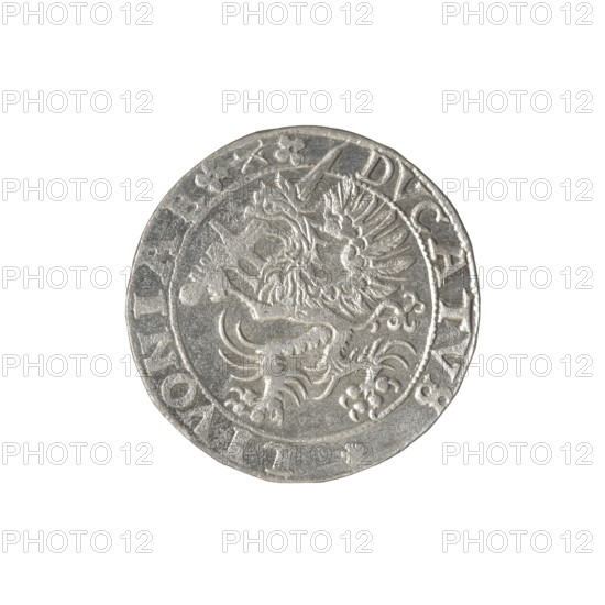 Livonian half-mark (half-fine) of Sigismund II Augustus (king of Poland; 1544–1572), (interregnum). Issued under Jan Hieronimowicz Chodkiewicz (ca. 1537–1579), administrator of Livonia; publishers Walentyn Iberfeld and Jakub Hincza (fl. 1572–1573). Silver coin (half-mark), 1573. Obverse: below the inscription: H, LB/MARCK and two heraldic shields with the Eagle and Pogon; below the year: .1573.; rim inscription: .MONE.NOVA.ARGENTEA; reverse: a griffin with a raised sword turned to the left separating the rim inscription: . - DVCATVS.LIVONIAE. Heraldic elements: Gryf z Smierz (coat of arms; Inflanty), griffins, Jagiellonians (dynasty), Pogon, Eagle. Axis 45 degrees.