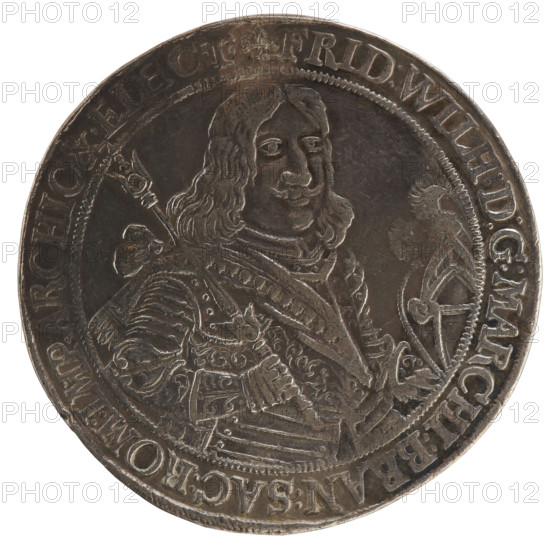 Thaler, Christoph, Melchior, Kantor, Bogumil (ca. 1947). Obverse: Half-figure in decorative armour girded with a sash, sceptre in right hand, helmet with raised visor and plume in left hand; rim inscription +FRID:WILH:D:G:MARCHI:BRAN:SAC:ROM:IMP:ARCHIC.&.ELECT. Reverse: 26-field coat of arms shield topped with seven jewels supported by wild men; below, separated by the shield, letters and numbers of the dates .C.1.6.-52.M.; lower half-rim inscription MAGDB.PRUS.IUL.CLIV.&MONT.DUX&C, 1652. Frederick William I Hohenzollern (Great Elector of Brandenburg; Duke of Prussia; 1620–1688) — iconography. Ducal Prussia (1525–1701), Königsberg. Coin: diameter 45.8 mm, weight 28.25 g, axis 90°.