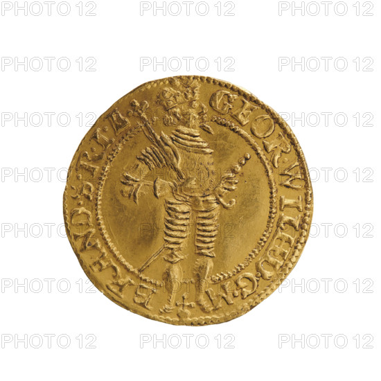 ducat, coats of arms, male figures, George William Hohenzollern (Elector of Brandenburg; Duke of Prussia; 1620-1640) - iconography. Obv. Turned right, standing figure in mitre and armour, sceptre in right hand, left resting on sword hilt. The head and legs of the figure are separated by a rim. Between the rims in the rim is the inscription GEOR.WILH.DGM - . _ BRAND.SRIE. Rv. Below the ducal mitre, a five-field coat of arms. On both sides of the shield, date numerals I6 - 32. On the rim between the rims, an inscription divided by a mitre MONE NOVA.AVREA DVCA.PRVS, 1632. Ducal Prussia (1525-1701), Königsberg. Coin: diameter 23.0 mm, weight 3.39 g, axis 225 degrees.