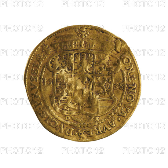 Obverse: Bust turned right with long hair, pointed beard and mustache, wearing a ducal mitre, collar and electoral mantle; the figure's head divides the inner border and the rim. Inscription in the rim: GEORG.WILH.D:G.MAR.BRA.SRIARCHIC.E.ELE:. Reverse: Under the ducal mitre a nine-field coat of arms, flanked by the date numerals 16 - 35; below the shield, divided D - K. Rim inscription divided by the mitre and ending with a heart: ONE.NOVA.AVREA.DVCIS.PRVSSIAE. Date: 1635. Type: ducat (coin). Issued for George William Hohenzollern (Elector of Brandenburg; Duke of Prussia; 1620–1640). Place: Ducal Prussia, Königsberg. Coin details: diameter 24.5 mm, weight 3.40 g, axis 315°. Makers/publisher: Koch, Dawid; Ernest Pfahler (publisher). Materials/style/period: 17th-century coin, coats of arms, male busts, iconography.