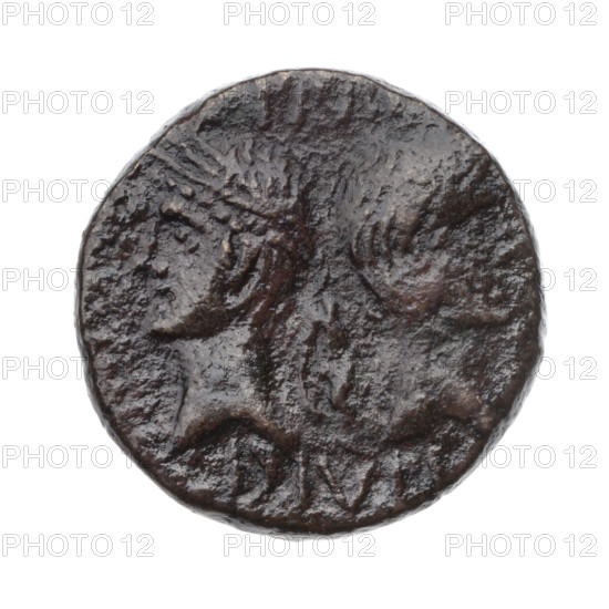Octavian Augustus (63 BC–14 AD; Roman emperor 27 BC–14 AD). Obverse: heads of Augustus (right, bare) and Agrippa (left, with rostral crown and laurel wreath) facing back-to-back; inscription 'IMP/DIVI F' above and below the image. Reverse: crocodile chained to a palm tree, palm branch above; inscription 'COL NEM' above the crocodile. Circa 20–10 BC. Roman Empire. Nemausus. Coin; weight 11.03 g; axis 225°.