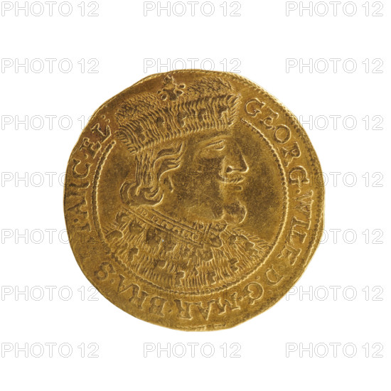 Obverse of ducat by Ernest Pfahler (publisher) after Dawid Koch: Bust of George William Hohenzollern (Elector of Brandenburg; Duke of Prussia; 1620–1640) turned right with long hair, pointed beard and mustache, wearing a ducal mitre, collar and electoral mantle. The figure's head divides the inner border and the rim. Rim inscription: GEORG.WIL, D:G.MAR.BRA.S, ARC.EL:Rw. Under the ducal mitre a five-field coat of arms; date numerals 16 - 38 on either side of the shield. Below, separated by a shield, letters D - K. Rim inscription divided by a mitre and ending with a heart: MON:NOVA., REA.DVCIS.PRVSSIAE, 1638. Ducal Prussia (1525–1701), Königsberg. Coin: ducat, diameter 23.5 mm, weight 3.47 g, axis 330°.