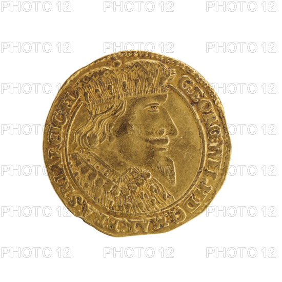 Obv. Bust turned right with long hair, pointed beard and mustache, wearing a ducal mitre, collar and electoral mantle. The figure's head divides the inner border and the rim. Inscription in the rim: GEORG.WILH:DG:MAR:BRA:S:R:I:ARCHIC:EL. Rev. Under the ducal mitre a five-field coat of arms shield, on both sides of the shield the date numerals 16 - 38. Below, separated by a shield, D - K. On the rim an inscription divided by the mitre and ending with a heart: MON.NOVA.AVREA.DVCIS.PRVSSIAE. 1638. George William Hohenzollern (Elector of Brandenburg; Duke of Prussia; 1620–1640) — Ducal Prussia (1525–1701), Königsberg. Coin; diameter 23.4 mm; weight 3.39 g; axis 0°.