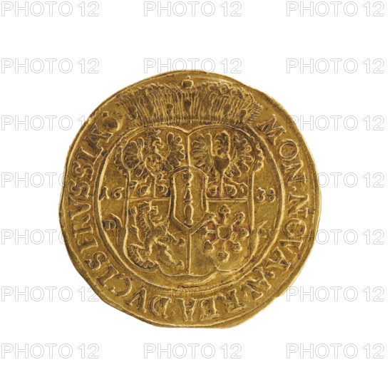 Obv. Bust turned right with long hair, pointed beard and mustache, wearing a ducal mitre, collar and electoral mantle. The figure's head divides the inner border and the rim. Inscription in the rim GEORG.WILH:DG:MAR:BRA:S:R:I:ARCHIC:EL. Rev. Under the ducal mitre a five-field coat of arms shield, on both sides of the shield the date numerals 16 -38. Below, separated by a shield D - K. On the rim an inscription divided by the mitre and ending with a heart MON.NOVA.AVREA.DVCIS.PRVSSIAE. 1638. George William Hohenzollern (Elector of Brandenburg; Duke of Prussia; 1620–1640) — Ducal Prussia (1525–1701), Königsberg. Coin: diameter 23.4 mm, weight 3.39 g, axis 0°. Makers noted: ducat, Koch, Dawid, Ernest Pfahler, publisher; Department of Coins of Lands Associated with Poland.