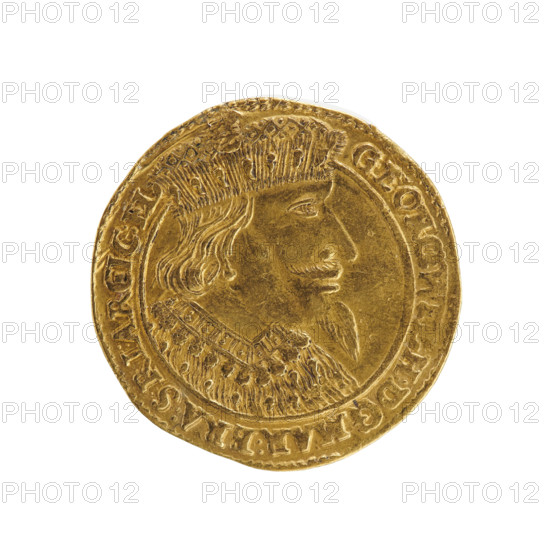Ducat, Ernest Pfahler (publisher), Department of Coins of Lands Associated with Poland, coats of arms, male busts; George William Hohenzollern (Elector of Brandenburg; Duke of Prussia; 1620–1640) — iconography. Obverse: bust turned right with long hair, pointed beard and mustache, wearing a ducal mitre, collar and electoral mantle; the figure's head divides the inner border and the rim. Inscription in rim: GEORG, WILH:DG, MAR:BRA:S:R, I:ARCHIC:EL. Reverse: under the ducal mitre a five-field coat of arms, on both sides of the shield the date numerals 16 - 38; below, separated by a shield, D - K. Rim inscription divided by the mitre and ending with a heart: MON:NOVA, AVREA.DVCIS, PRVSSIAE, 1638. Ducal Prussia (1525–1701), Königsberg. Coin: diameter 23.7 mm, weight 3.42 g, axis 45°.
