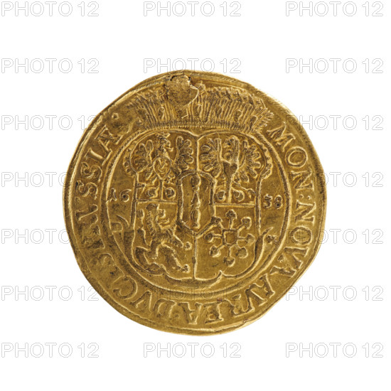Ducat, publisher Ernest Pfahler; Department of Coins of Lands Associated with Poland; obverse: male bust of George William Hohenzollern (Elector of Brandenburg; Duke of Prussia; 1620–1640) turned right with long hair, pointed beard and mustache, wearing a ducal mitre, collar and electoral mantle; the figure's head divides the inner border and the rim; inscription in rim: GEORG, WILH:DG, MAR:BRA:S:R, I:ARCHIC:EL; reverse: under the ducal mitre a five-field coat of arms, date numerals 16 - 38 on both sides of the shield, below and separated by a shield D - K; rim inscription divided by the mitre ending with a heart: MON:NOVA, AVREA.DVCIS, PRVSSIAE, 1638; Duchy of Prussia (1525–1701), Königsberg; coin: diameter 23.7 mm, weight 3.42 g, axis 45°.