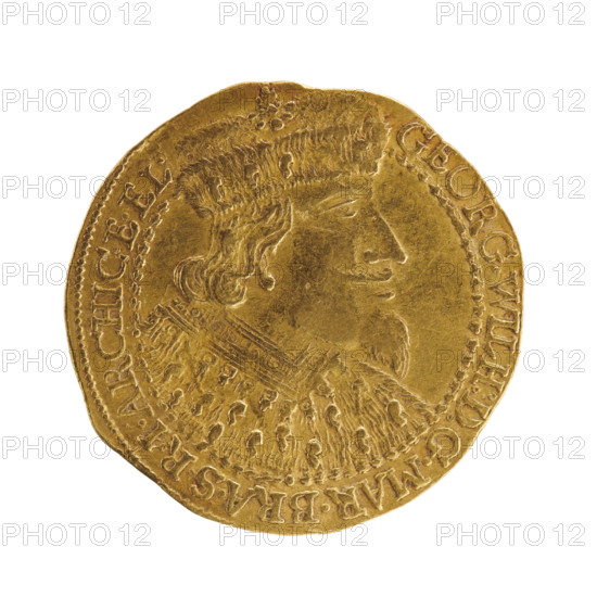 Ducat, maker: David Koch. Obverse: bust turned right with long hair, pointed beard and mustache, wearing a ducal mitre, collar and electoral mantle; the figure's head divides the inner border and the rim. Obverse inscription in rim: 'GEORG.WILH:D:G.MAR.BRA.SRIARCHIC.E.EL.' Reverse: under the ducal mitre a five-field coat of arms shield, flanked by the date numerals '16 - 39'; below, separated by a shield, letters 'D - K'. Rim inscription divided by the mitre: 'MONE:NOVA.AVREA.DVCIS.PRVSS'. Date: 1639. Place/issue: Ducal Prussia (1525–1701), Königsberg. Coin type: ducat; diameter 23.8 mm; weight 3.45 g; axis 180°.