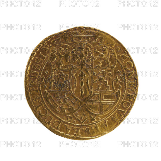 ducat, male busts in armor, coats of arms, Frederick William I Hohenzollern (Great Elector of Brandenburg; Duke of Prussia; 1620-1688) - iconography. Obv. Frontal bust with long hair, in decorative armor and collar. The figure's head divides the inner border and the rim. In the rim between the borders, an inscription beginning with a rosette, the characters between the words in the shape of rhombuses FRID.WILH.DGMAR.BRA.SRIARC., .EL. Rw. Under the ducal mitre, a nine-field coat of arms. On both sides of the shield, the numerals of the dates 16-43 are decorated with rosettes. Below the shield, separated by D - K, decorated with rosettes. On the rim, between the borders an inscription divided by a mitre and beginning with a rosette MONE: NOVA AUREA DUCIS PRUSSIAE, 1643. Königsberg, Ducal Prussia (1525-1701). Coin: diameter 24.4 mm, weight 3.42 g, axis 30 degrees.