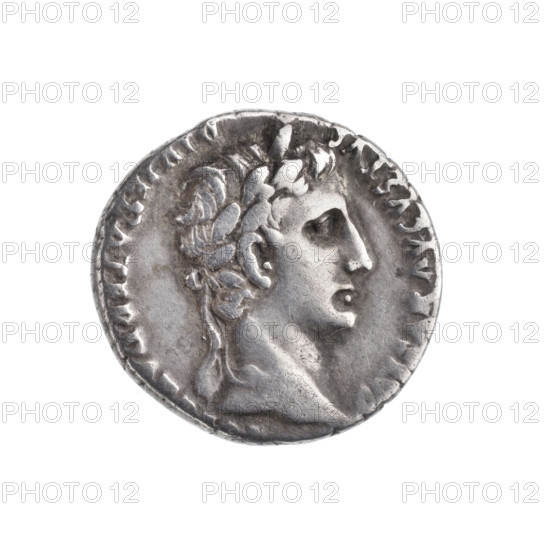 denarius, Octavian Augustus (63 BC–14; Roman emperor 27 BC–14). Obverse: Emperor's head with a laurel wreath facing right; inscription AW. CAESAR AVGVSTVS DIVI F PATER PA (and reverse inscription CAESARE, under the line AVGVSTI F COS DESIG PRINC IVVENT). Reverse: Gaius and Lucius, standing upright, wearing togas and veils, resting hands on shields between them; behind the shields, spears; between the spears a lituus (left) and a simpulum (right) and an X below. Date: 2 BC–4 AD. Roman Empire (27 BC–476), Lugdunum (Gaul). Coin; diameter 17.3–18.0 mm; weight 3.71 g; axis 0°.