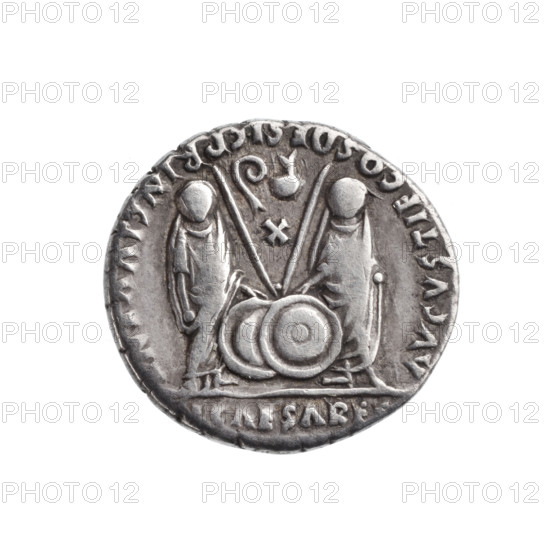 denarius, Octavian Augustus (63 BC–14; Roman emperor 27 BC–14), Gaius and Lucius Emperors standing; Emperor's head with a laurel wreath right; legend AW. CAESAR AVGVSTVS DIVI F PATER PA (obverse) and CAESARE / AVGVSTI F COS DESIG PRINC IVVENT (reverse, under the line). Obverse: Emperor's head with laurel wreath to right. Reverse: Gaius and Lucius stand upright, in togas with veils, hands resting on shields between them; behind the shields spears, between which are a lituus (left) and a simpulum (right) and an X below. 2 BC–4 AD, Roman Empire (27 BC–476), Lugdunum (Gaul). Silver denarius; diameter 17.3–18.0 mm, weight 3.71 g, axis 0°.