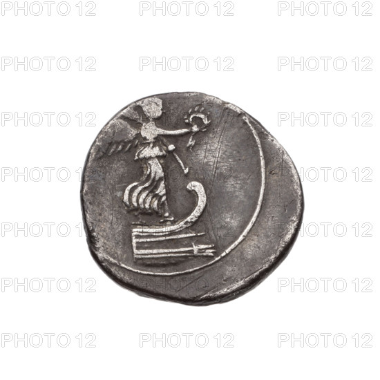 Denarius; obverse: Victoria standing on the prow of a ship facing right, wreath in right hand and palm in left; continuous border. Reverse: legend 'IMP CAESA' under line; Octavian on a quadriga walking right, holding an olive branch in his right hand and reins in his left; pearl border. Augustus (Octavian, Roman Emperor, 63 BC–14 AD) depicted with laurel wreath and palm branches as attributes; iconography of Victoria (personification). Coin, weight 3.53 g, axis 225°. ca. 29–27 BC, Rome/Brundisium; Roman Republic–early Roman Empire period.