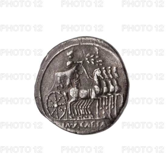 Denarius, ca. 29–27 BC. Obverse: Victoria standing on the prow of a ship turned to the right, wreath in her right hand and a palm in her left; continuous border. Reverse: Inscription 'IMP CAESA' (under the line). Octavian on a quadriga walking to the right, holding an olive branch in his right hand and reins in his left; pearl border. Augustus (Octavian; Roman Emperor, 63 BC–14 AD) — laurel wreath and palm branches as attributes; Victoria (personification) — Victoria standing on the prow of a ship. Roman Republic/Roman Empire transitional coin. Weight 3.53 g; axis 225°.