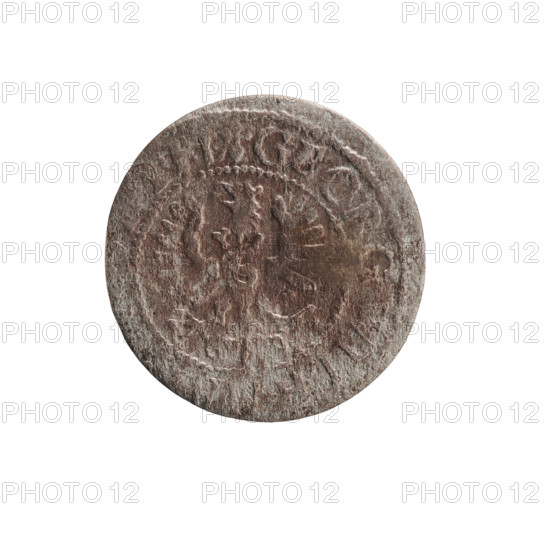 szelag, George William Hohenzollern (Elector of Brandenburg; Prince of Prussia; 1620–1640). Obverse: Prussian eagle, on its chest a crowned letter S. Rim inscription beginning with GEORG.WILH.MA, I.EL. Reverse: monogram composed of the letters GW. Rim inscription divided by the Hohenzollern coat of arms, S.PR -, SSI. Off-centre minting shows a fragment of another coin’s die and part of its rim legend (SO), with inter-die marks (rhombuses). Date: 1629? Duchy of Prussia (1525–1701), Königsberg. Coin: szelag; diameter 16.2 mm, weight 0.49 g, axis 0°.