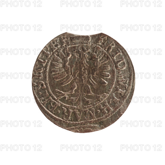 szelag; eagles; cross (iconographic); Frederick William I Hohenzollern (Great Elector of Brandenburg; Prince of Prussia; 1620–1688); Hohenzollern (coat of arms). Obverse: Prussian eagle bearing on its chest a monogram composed of the letters IC; in the rim, between the pearl borders, an inscription beginning with a princely mitre FRID.WILH.MAR.BR.SRIPR.E. Reverse: monogram composed of the letters FW separating the inner border; in the rim an inscription beginning with a cross, divided by the Hohenzollern coat of arms, SOLIDUS.PR - USSIAE.1653. Date: 1653. Place: Ducal Prussia (1525–1701), Königsberg. Object: coin (szelag); diameter 15.5 mm; weight 0.63 g; axis 0°.