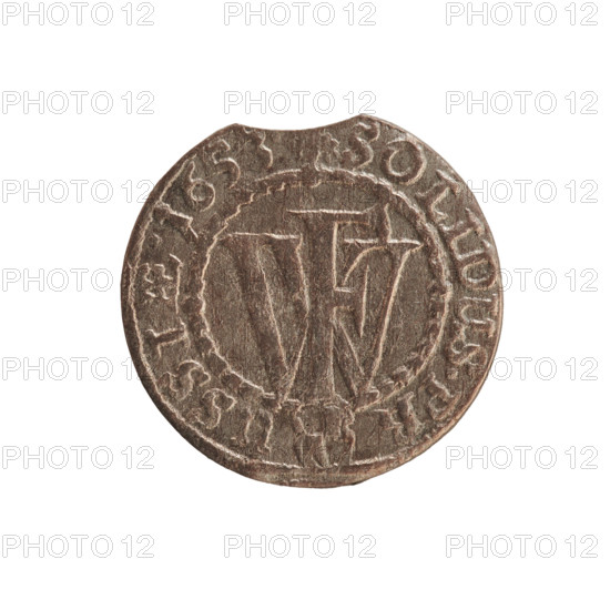 szelag; eagles; cross (iconographic); Frederick William I Hohenzollern (Great Elector of Brandenburg; Prince of Prussia; 1620-1688); Hohenzollern (coat of arms). Obv.: Prussian eagle; on its chest a monogram composed of the letters IC; in the rim, between the pearl borders, an inscription beginning with a princely mitre FRID.WILH.MAR.BR.SRIPR.E. Rev.: monogram composed of the letters FW separating the inner border; in the rim an inscription beginning with a cross, divided by the Hohenzollern coat of arms, SOLIDUS.PR - USSIAE.1653. Date: 1653. Place: Ducal Prussia (1525–1701), Königsberg. Object: coin (szelag); diameter 15.5 mm; weight 0.63 g; axis 0°.