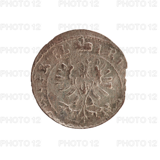 szelag, cross (iconographic), eagles, Frederick William I Hohenzollern (Great Elector of Brandenburg; Prince of Prussia; 1620-1688), Hohenzollern (coat of arms). Obv.: Prussian eagle, on its chest a monogram composed of the letters IC. In the rim, between the pearl borders, an inscription beginning with a princely mitre, RI, .PR.EL. Rw. Monogram composed of the letters FW separating the inner border. In the rim an inscription beginning with a cross, divided by the Hohenzollern coat of arms, SOLI, SIA, .1653, 1653. Ducal Prussia (1525-1701), Königsberg; coin, diameter 15.2 mm, weight 0.45 g, axis 0 degrees.