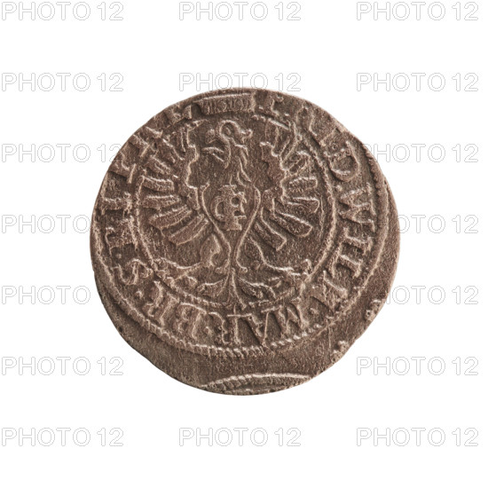 szelag, eagles, cross (iconographic), Frederick William I Hohenzollern (Great Elector of Brandenburg; Prince of Prussia; 1620–1688), Hohenzollern (coat of arms). Obverse: Prussian eagle, on its chest a monogram composed of the letters IC; in the rim between the pearl borders an inscription beginning with a princely mitre, 'ID.WILH.MAR.BR.SRI'. Reverse: monogram composed of the letters FW separating the inner border; in the rim an inscription beginning with a cross, divided by the Hohenzollern coat of arms '+SOLIDUS.P-USSIAE.1653.' Date: 1653. Place: Ducal Prussia (1525–1701), Königsberg. Coin: diameter 15.5 mm, weight 0.50 g, axis 0 degrees.