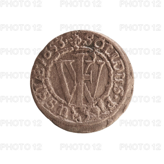 szelag (coin), Obv. Prussian eagle, on its chest a monogram composed of the letters IC; in the rim, between the pearl borders, an inscription beginning with a princely mitre, ID.WILH.MAR.BR.SRI. Rev. monogram composed of the letters FW separating the inner border; in the rim an inscription beginning with a cross, divided by the Hohenzollern coat of arms +SOLIDUS.P, -USSIAE.1653. 1653. Frederick William I Hohenzollern (Great Elector of Brandenburg; Prince of Prussia; 1620–1688). Hohenzollern coat of arms. Ducal Prussia (1525–1701), Königsberg. Coin: diameter 15.5 mm, weight 0.50 g, axis 0°.