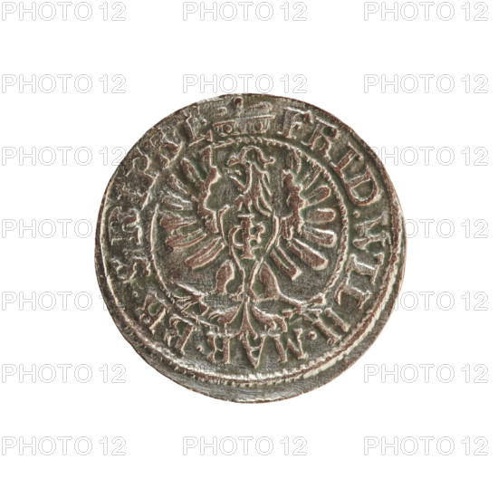 szelag; cross (iconographic); eagles; Frederick William I Hohenzollern (Great Elector of Brandenburg; Prince of Prussia; 1620–1688); Hohenzollern (coat of arms). Obverse: Prussian eagle with a chest monogram composed of the letters IC; rim inscription beginning with a princely mitre FRID.WILH.MAR.BR.SRIPR.E. Reverse: monogram composed of the letters FW separating the inner border; rim inscription beginning with a cross, divided by the Hohenzollern coat of arms +SOLIDUS.PR - USSIAE.1653. Date: 1653. Place: Ducal Prussia (1525–1701), Königsberg. Object: coin (szelag); diameter 15.3 mm; weight 0.52 g; axis 0°.