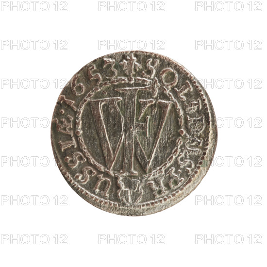 szelag, cross (iconographic), eagles, Frederick William I Hohenzollern (Great Elector of Brandenburg; Prince of Prussia; 1620-1688), Hohenzollern (coat of arms). Obv.: Prussian eagle, on its chest a monogram composed of the letters IC. In the rim, between the pearl borders, an inscription beginning with a princely mitre FRID.WILH.MAR.BR.SRIPR.E. Rev.: Monogram composed of the letters FW separating the inner border. In the rim an inscription beginning with a cross, divided by the Hohenzollern coat of arms +SOLIDUS.PR - USSIAE.1653. 1653, Ducal Prussia (1525–1701), Königsberg. Coin; diameter 15.3 mm; weight 0.52 g; axis 0 degrees.