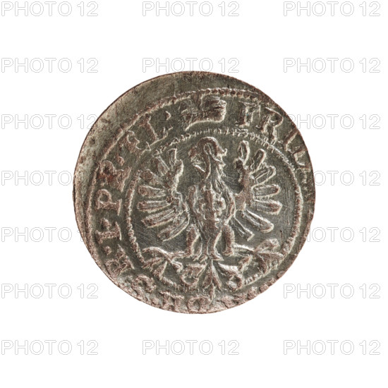 szelag; cross (iconographic); eagles; Frederick William I Hohenzollern (Great Elector of Brandenburg; Prince of Prussia; 1620–1688); Hohenzollern (coat of arms). Obv.: Prussian eagle bearing on its chest a monogram composed of the letters IC. In the rim, between the pearl borders, an inscription beginning with a princely mitre FRI, RIPR.EL. Rv.: Monogram composed of the letters FW separating the inner border. In the rim an inscription beginning with a cross, divided by the Hohenzollern coat of arms, SOLIDUS.PR – USSI. 1653. Ducal Prussia (1525–1701), Königsberg. Coin: diameter 15.4 mm; weight 0.62 g; axis 0°.