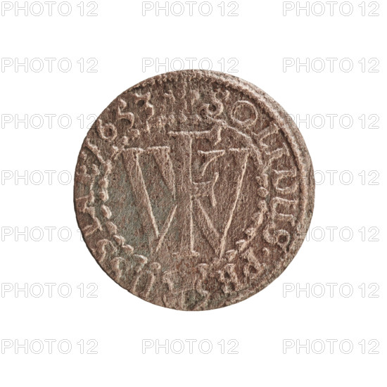 szelag, cross (iconographic), eagles, Frederick William I Hohenzollern (Great Elector of Brandenburg; Prince of Prussia; 1620–1688), Hohenzollern (coat of arms). Obv.: Prussian eagle, on its chest a monogram composed of the letters IC. In the rim, between the pearl borders, an inscription beginning with a princely mitre FRI, RIPR.EL. Rv.: Monogram composed of the letters FW separating the inner border. In the rim an inscription beginning with a cross, divided by the Hohenzollern coat of arms, SOLIDUS.PR - USSI, 1653. Ducal Prussia (1525–1701), Königsberg. Coin: diameter 15.4 mm, weight 0.62 g, axis 0°.