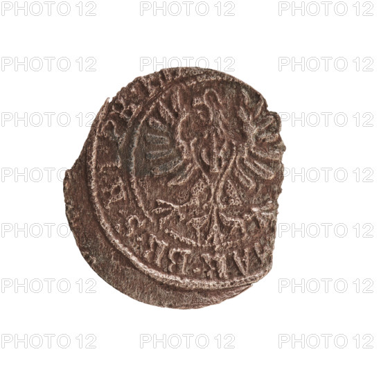 szelag, cross (iconographic), eagles, Frederick William I Hohenzollern (Great Elector of Brandenburg; Duke of Prussia; 1620-1688), Hohenzollern (coat of arms). Obv. Prussian eagle, on its breast a monogram composed of the letters IC. In the rim, between the pearly borders, the inscription AR.BR.SRIPR. Rv. Monogram composed of the letters FW dividing the inner border. In the rim, an inscription beginning with a cross, divided by the Hohenzollern coat of arms +SOLIDUS.PR - US. 1653. Ducal Prussia (1525-1701), Königsberg. Coin: dia. 15.8 mm, weight 0.41 g, axis 0°.