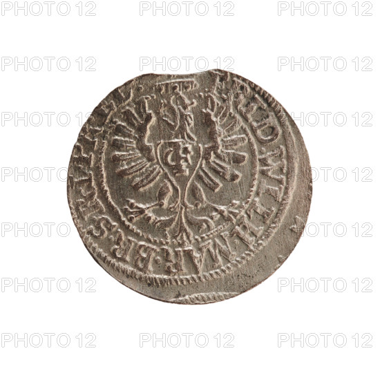 szelag, cross (iconographic), eagles, Frederick William I Hohenzollern (Great Elector of Brandenburg; Prince of Prussia; 1620-1688), Hohenzollern (coat of arms). Obv.: Prussian eagle, on its chest a monogram composed of the letters IC; in the rim, between the pearl borders, an inscription beginning with a princely mitre FRID.WILH.MAR.BR.SRIPR.EL. Rev.: monogram composed of the letters FW separating the inner border; in the rim an inscription beginning with a cross, divided by the Hohenzollern coat of arms +SO, S.PR - USSIAE.1654. 1654. Ducal Prussia (1525–1701), Königsberg. Coin; diameter 15.9 mm, weight 0.56 g, axis 0°.