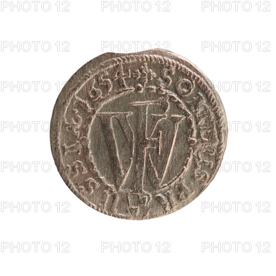 szelag, cross (iconographic), eagles, Frederick William I Hohenzollern (Great Elector of Brandenburg; Prince of Prussia; 1620–1688), Hohenzollern (coat of arms). Obv.: Prussian eagle, on its chest a monogram composed of the letters IC. In the rim, between the pearl borders, an inscription beginning with a princely mitre FRID.WILH.MAR.BR.SRIPR.EL. Rev.: Monogram composed of the letters FW separating the inner border. In the rim an inscription beginning with a cross, divided by the Hohenzollern coat of arms +SO, S.PR - USSIAE.1654. Date: 1654. Duchy of Prussia (1525–1701), Königsberg. Coin; diameter 15.9 mm; weight 0.56 g; axis 0°.