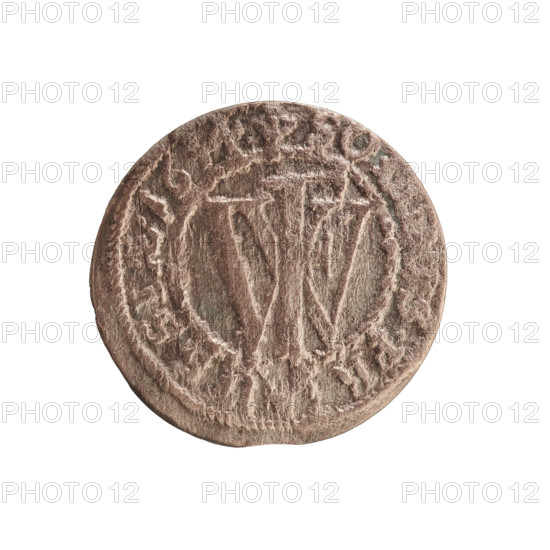szelag; eagles; cross (iconographic); Frederick William I Hohenzollern (Great Elector of Brandenburg; Prince of Prussia; 1620–1688); Hohenzollern (coat of arms). Obverse: Prussian eagle with a monogram composed of the letters IC on its chest; rim inscription beginning with a princely mitre, 'D.WILH.MAR.BR.SRIPR.E.' Reverse: monogram composed of the letters FW separating the inner border; rim inscription beginning with a cross, divided by the Hohenzollern coat of arms, '+SO.S.PR-USSIAE.16,4.,1654.' Ducal Prussia (1525–1701), Königsberg. Coin; diameter 16.0 mm; weight 0.58 g; axis 0°.