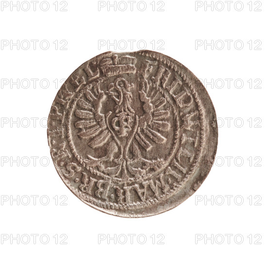 szelag, cross (iconographic), eagles, Frederick William I Hohenzollern (Great Elector of Brandenburg; Prince of Prussia; 1620-1688), Hohenzollern (coat of arms). Obv.: Prussian eagle, on its chest a monogram composed of the letters IC. In the rim, between the pearl borders, an inscription beginning with a princely mitre: FRID.WILH.MAR.BR.SRIPR. El. Rev.: Monogram composed of the letters FW separating the inner border. In the rim an inscription beginning with a cross, divided by the Hohenzollern coat of arms: SOLIDUS.PR - USSIAE.1654. Date: 1654. Place: Ducal Prussia (1525–1701), Königsberg. Object: coin (szelag); diameter 15.8 mm; weight 0.47 g; axis 0 degrees.