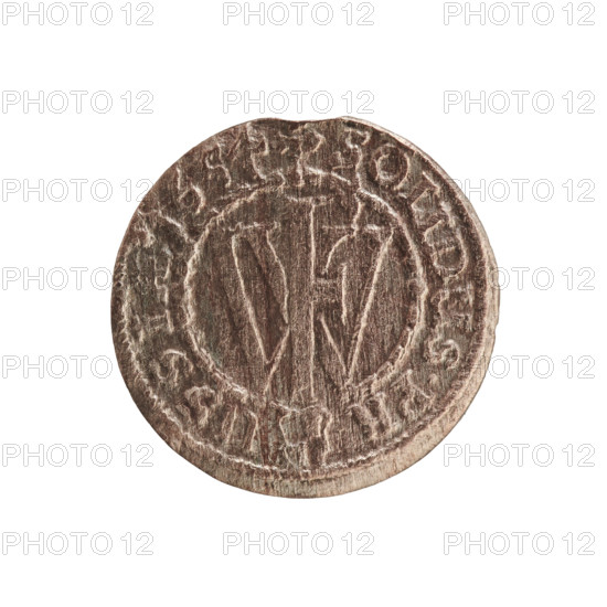 szelag; cross (iconographic); eagles; Frederick William I Hohenzollern (Great Elector of Brandenburg; Prince of Prussia; 1620–1688); Hohenzollern (coat of arms). Obverse: Prussian eagle, on its chest a monogram composed of the letters IC; in the rim, between the pearl borders, an inscription beginning with a princely mitre FRID.WILH.MAR.BR.SRIPR.EL. Reverse: monogram composed of the letters FW separating the inner border; in the rim an inscription beginning with a cross, divided by the Hohenzollern coat of arms, SOLIDUS.PRUSSIAE.1654. Date: 1654. Place: Ducal Prussia (1525–1701), Königsberg. Coin; diameter 15.8 mm; weight 0.47 g; axis 0 degrees.