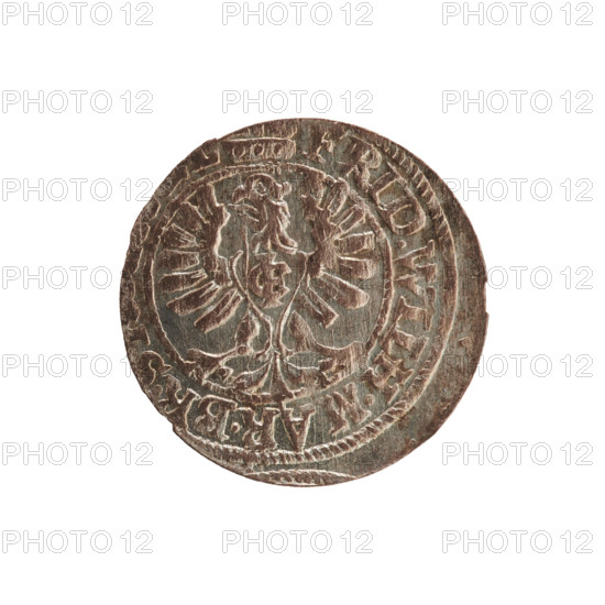 szelag, eagles, cross (iconographic), Frederick William I Hohenzollern (Great Elector of Brandenburg; Prince of Prussia; 1620-1688), Hohenzollern (coat of arms). Obverse: Prussian eagle, on its chest a monogram composed of the letters IC; in the rim, between the pearl borders, an inscription beginning with a princely mitre FRID.WILH.MAR.BR.S. Reverse: monogram composed of the letters FW separating the inner border; in the rim an inscription beginning with a cross, divided by the Hohenzollern coat of arms +SOLIDUS.PR - USSIAE. 1654. Ducal Prussia (1525–1701), Königsberg. Coin: diameter 15.2 mm, weight 0.60 g, axis 0°.