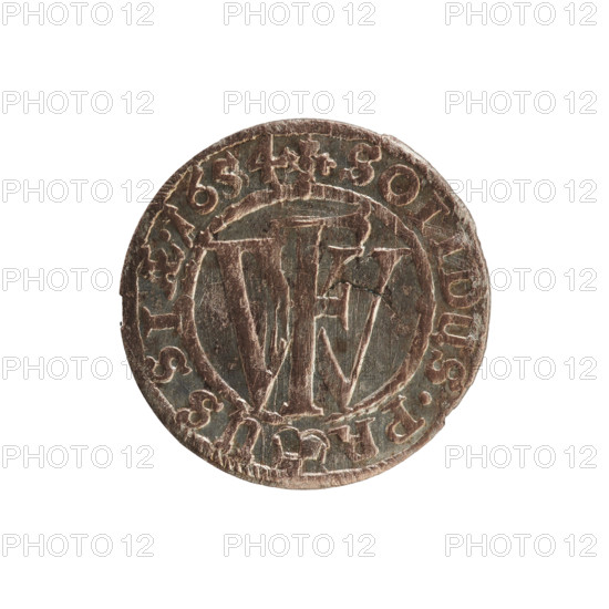 szelag, eagles, cross (iconographic), Frederick William I Hohenzollern (Great Elector of Brandenburg; Prince of Prussia; 1620–1688), Hohenzollern (coat of arms). Obverse: Prussian eagle bearing on its chest a monogram composed of the letters IC; rim inscription beginning with a princely mitre FRID.WILH.MAR.BR.S. Reverse: monogram composed of the letters FW separating the inner border; rim inscription beginning with a cross, divided by the Hohenzollern coat of arms +SOLIDUS.PR - USSIAE.1654. Date: 1654. Place: Ducal Prussia (1525–1701), Königsberg. Coin; diameter 15.2 mm; weight 0.60 g; axis 0 degrees.