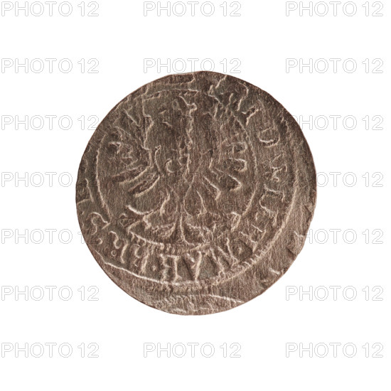 szelag, eagles, cross (iconographic), Frederick William I Hohenzollern (Great Elector of Brandenburg; Prince of Prussia; 1620–1688), Hohenzollern (coat of arms). Obverse: Prussian eagle, on its chest a monogram composed of the letters IC; in the rim, between the pearl borders, an inscription beginning with a princely mitre, RID.WILH.MAR.BR.S. Reverse: monogram composed of the letters FW separating the inner border; in the rim an inscription beginning with a cross, divided by the Hohenzollern coat of arms +SOLIDUS.PR- .1654. Date: 1654. Place: Ducal Prussia (1525–1701), Königsberg. Coin: diameter 15.4 mm, weight 0.62 g, axis 0 degrees.