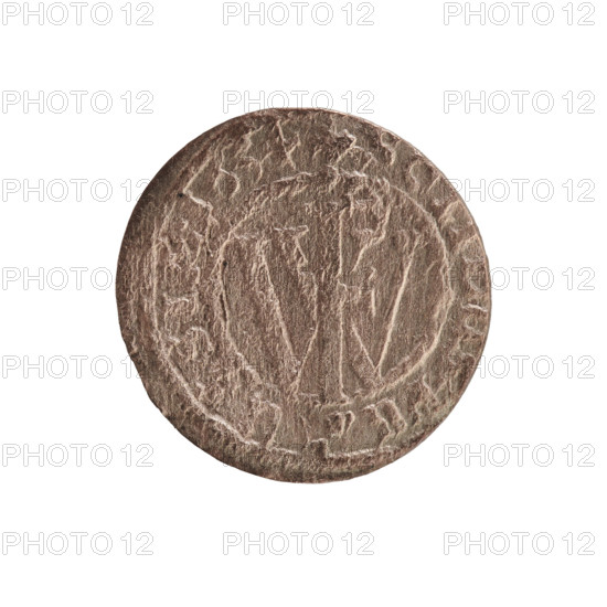 szelag; eagles; cross (iconographic); Frederick William I Hohenzollern (Great Elector of Brandenburg; Prince of Prussia; 1620–1688); Hohenzollern (coat of arms). Obverse: Prussian eagle with monogram composed of the letters IC on its chest; rim inscription beginning with a princely mitre, RID.WILH.MAR.BR.S. Reverse: monogram composed of the letters FW separating the inner border; rim inscription beginning with a cross, divided by the Hohenzollern coat of arms +SOLIDUS.PR -. Date: 1654. Place: Ducal Prussia (1525–1701), Königsberg. Medium: coin. Diameter: 15.4 mm. Weight: 0.62 g. Axis: 0 degrees.