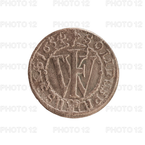 szelag; obverse: Prussian eagle with monogram composed of the letters IC on its chest; rim inscription FRID.WILH.MAR.BR.SRIPR.EL.; reverse: monogram composed of the letters FW separating the inner border; rim inscription beginning with a cross, divided by the Hohenzollern coat of arms +SOLIDUS.PR - USSIAE.1654.; dated 1654; Frederick William I Hohenzollern (Great Elector of Brandenburg; Prince of Prussia; 1620–1688); Hohenzollern coat of arms; iconography: eagles, cross; place: Ducal Prussia, Königsberg; coin; diameter 15.6 mm; weight 0.60 g; axis 0°.