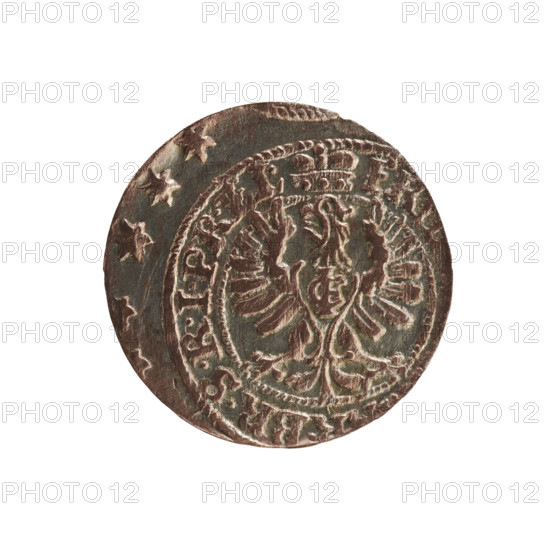 szelag, eagles, cross (iconographic), Frederick William I Hohenzollern (Great Elector of Brandenburg; Prince of Prussia; 1620-1688), Hohenzollern (coat of arms). Obv. Prussian eagle, on its chest a monogram composed of the letters IC. In the rim between the pearl borders an inscription beginning with a princely mitre FR, BR.SRIPR.EL. Rv. Monogram composed of the letters FW separating the inner border. In the rim an inscription beginning with a cross, divided by the Hohenzollern coat of arms +SOLIDUS.PR -, 1654, Königsberg, Ducal Prussia (1525-1701). Coin: diameter 15.6 mm, weight 0.51 g, axis 0 degrees.