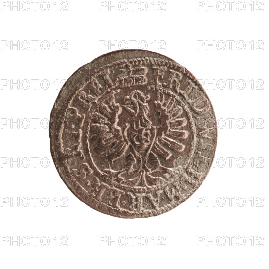 szelag; eagles; cross (iconographic); Frederick William I Hohenzollern (Great Elector of Brandenburg; Prince of Prussia; 1620–1688); Hohenzollern (coat of arms). Obverse: Prussian eagle, on its chest a monogram composed of the letters IC. In the rim, between the pearl borders, an inscription beginning with a princely mitre FRID.WILH.MAR.BR.SRIPR.EL. Reverse: monogram composed of the letters FW separating the inner border. In the rim an inscription beginning with a cross, divided by the Hohenzollern coat of arms +SOLIDUS.PR - USSIAE.1654. Date: 1654. Place: Ducal Prussia (1525–1701), Königsberg. Coin: diameter 15.5 mm; weight 0.63 g; axis 0°.