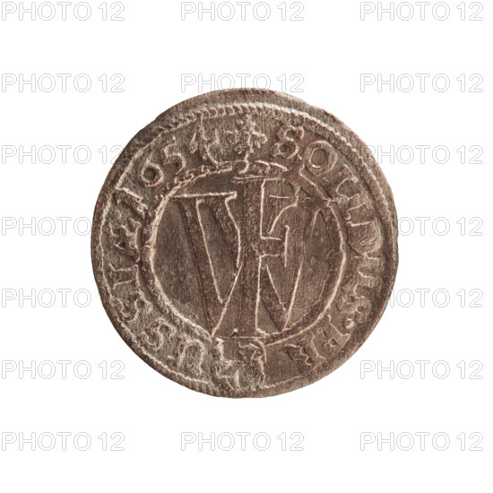 szelag; eagles; cross (iconographic); Frederick William I Hohenzollern (Great Elector of Brandenburg; Prince of Prussia; 1620–1688); Hohenzollern (coat of arms). Obverse: Prussian eagle, on its chest a monogram composed of the letters IC; in the rim between the pearl borders, an inscription beginning with a princely mitre: FRID.WILH.MAR.BR.SRIPR.EL. Reverse: monogram composed of the letters FW separating the inner border; in the rim an inscription beginning with a cross, divided by the Hohenzollern coat of arms: +SOLIDUS.PR - USSIAE.1654. Date: 1654. Place: Ducal Prussia (1525–1701), Königsberg. Coin: diameter 15.5 mm; weight 0.63 g; axis 0°.