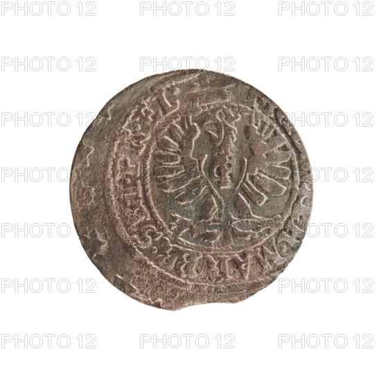 szelag; eagles; cross (iconographic); Frederick William I Hohenzollern (Great Elector of Brandenburg; Prince of Prussia; 1620–1688); Hohenzollern (coat of arms). Obverse: Prussian eagle with a monogram composed of the letters IC on its chest; in the rim, between the pearl borders, an inscription beginning with a princely mitre, H.MAR.BR.SRIPR.EL. Reverse: monogram composed of the letters FW separating the inner border; in the rim an inscription beginning with a cross, divided by the Hohenzollern coat of arms +SOLIDUS.PR - USSIAE.1654. Date: 1654. Place: Ducal Prussia (1525–1701), Königsberg. Coin; diameter 15.8 mm; weight 0.54 g; axis 0°.