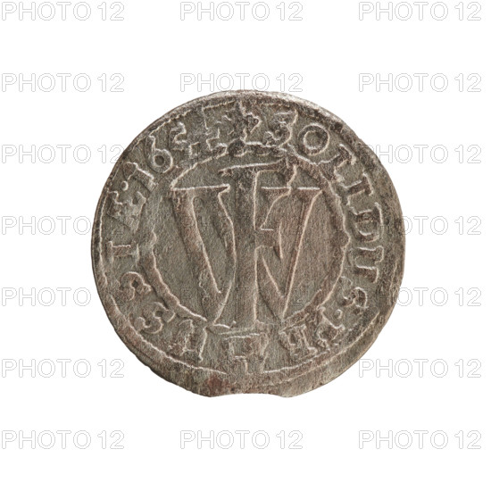 szelag; obverse: Prussian eagle with monogram IC on its chest; rim inscription beginning with a princely mitre H.MAR.BR.SRIPR.EL.; reverse: monogram FW separating inner border; rim inscription beginning with a cross, divided by the Hohenzollern coat of arms +SOLIDUS.PR - USSIAE.1654; 1654; Frederick William I Hohenzollern (Great Elector of Brandenburg; Prince of Prussia; 1620–1688); Hohenzollern coat of arms; eagles; cross (iconographic); Ducal Prussia (1525–1701), Königsberg; coin; diameter 15.8 mm; weight 0.54 g; axis 0°.