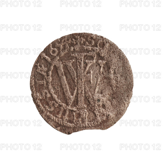 szelag, eagles, cross (iconographic), Frederick William I Hohenzollern (Great Elector of Brandenburg; Prince of Prussia; 1620–1688), Hohenzollern (coat of arms). Obverse: Prussian eagle, on its chest a monogram composed of the letters IC; in the rim between the pearl borders the inscription D.WILH.MA. Reverse: a monogram composed of the letters FW separating the inner border; in the rim an inscription beginning with a cross, divided by the Hohenzollern coat of arms +SO, -USSIAE. Date: 1654. Place: Ducal Prussia (1525–1701), Königsberg. Coin: diameter 15.6 mm, weight 0.39 g, axis 0 degrees.