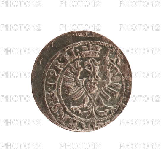szelag, Melchior, Christoph (fl. 1646-1656); obverse: Prussian eagle, on its chest a monogram composed of the letters IC; in the rim, between the pearl borders, an inscription beginning with a ducal mitre FR, .BR.SRIPR.EL.; reverse: monogram composed of the letters FW separating the inner border; in the rim an inscription beginning with a cross, divided by the Hohenzollern coat of arms +SOLIDUS.PR - USSI, .1655; 1655; Frederick William I Hohenzollern (Great Elector of Brandenburg; Duke of Prussia; 1620–1688); Hohenzollern (coat of arms); Ducal Prussia (1525–1701), Königsberg; coin; diameter 15.3 mm; weight 0.51 g; axis 0°